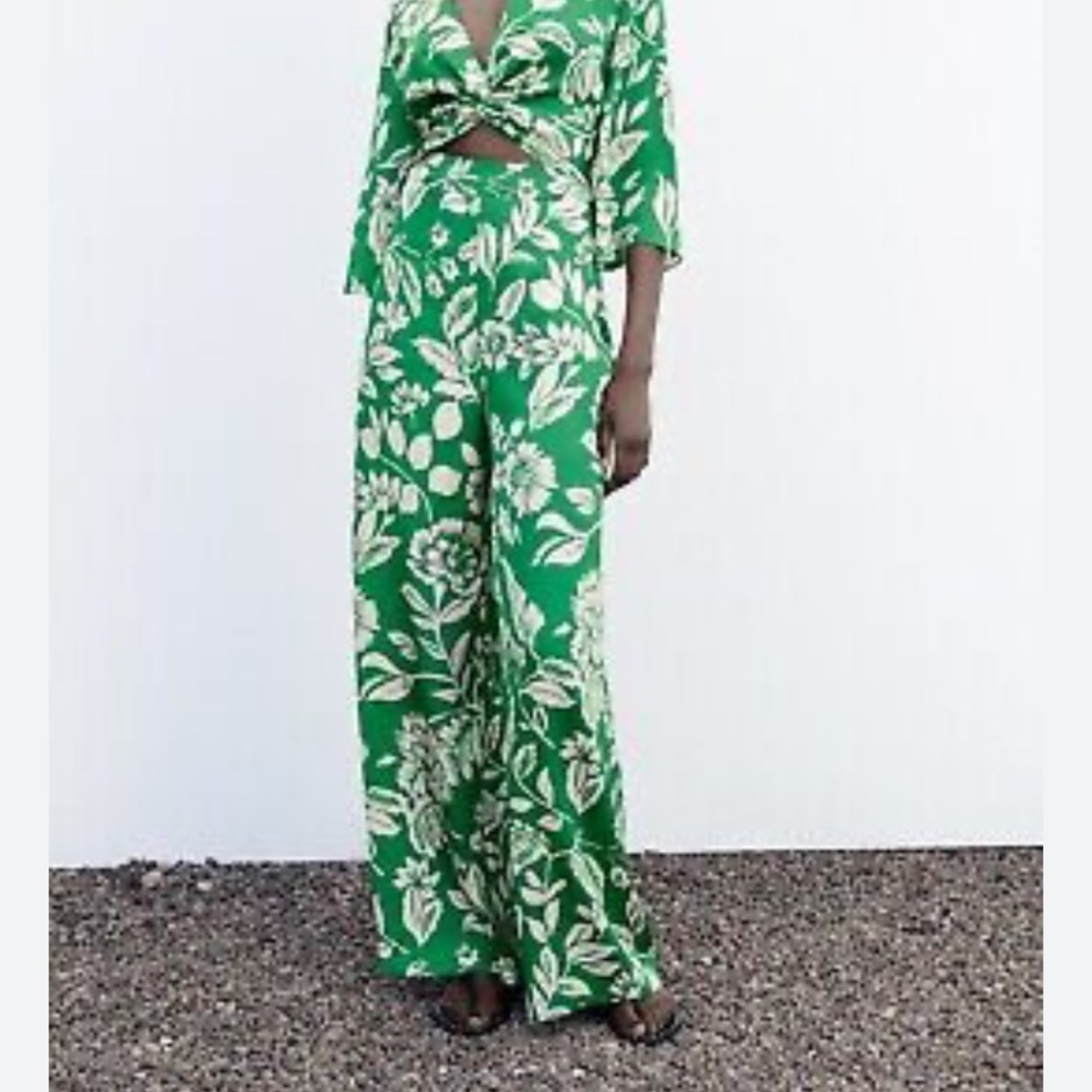 Zara Green and White Botanical Jumpsuit